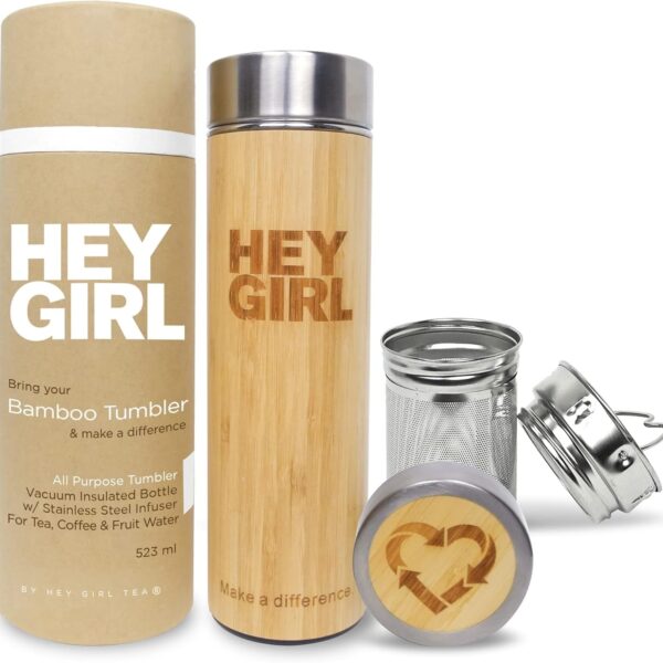 Hey Girl Bamboo Tea Infuser Bottle with Tea Strainer - Insulated Stainless Steel Water Bottle for Loose Leaf Tea & Coffee - Tea Tumbler with Diffuser - Loose Tea Bottle or Thermos Travel Mug - 18 Oz