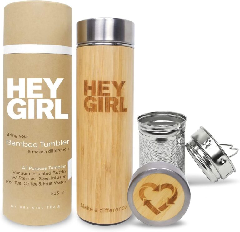 Hey Girl Bamboo Tea Infuser Bottle with Tea Strainer - Insulated Stainless Steel Water Bottle for Loose Leaf Tea & Coffee - Tea Tumbler with Diffuser - Loose Tea Bottle or Thermos Travel Mug - 18 Oz