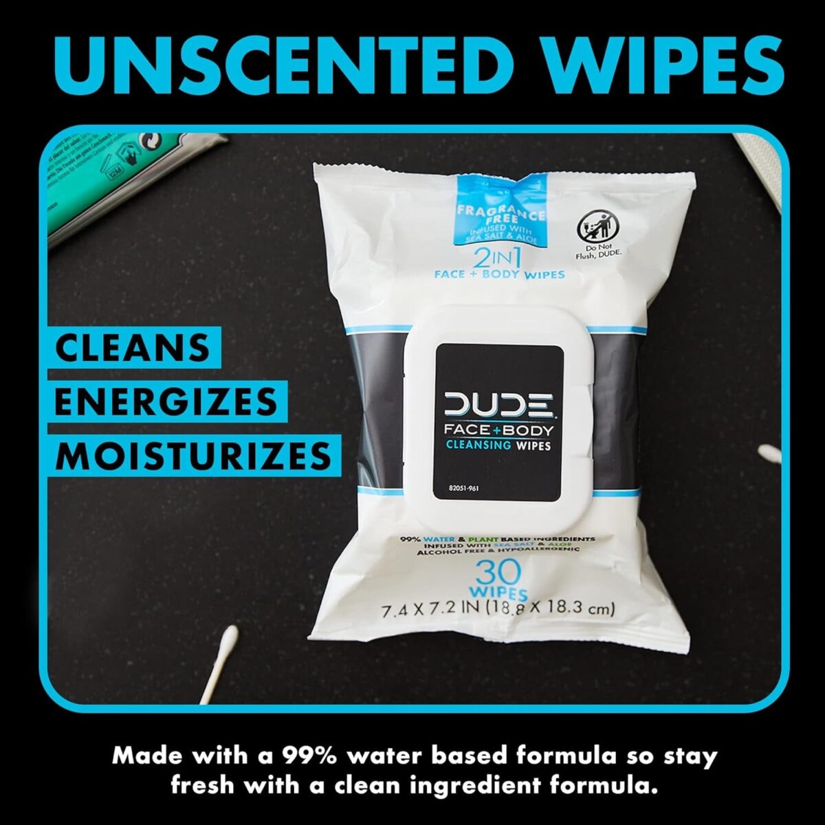 DUDE Wipes - Face and Body Wipes - 3 Pack, 90 Wipes - Unscented Wipes with Sea Salt & Aloe - 2-In-1 Body & Face Wipes - Alcohol Free and Hypoallergenic Cleansing Wipes