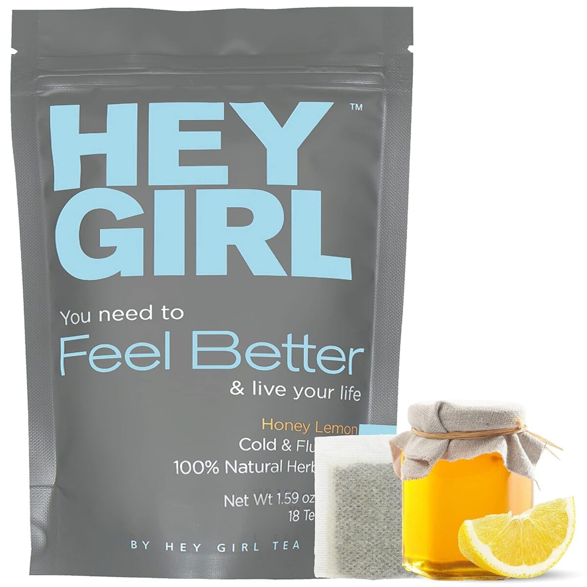 Hey Girl Tea + Tea Bottle Bundle - Feel Better Herbal Tea - Immune Support, Immune Booster plus Glass Infuser Bottle with Tea Diffuser - Insulated Travel Thermos Tumbler for Loose Leaf Tea, Tea Bags