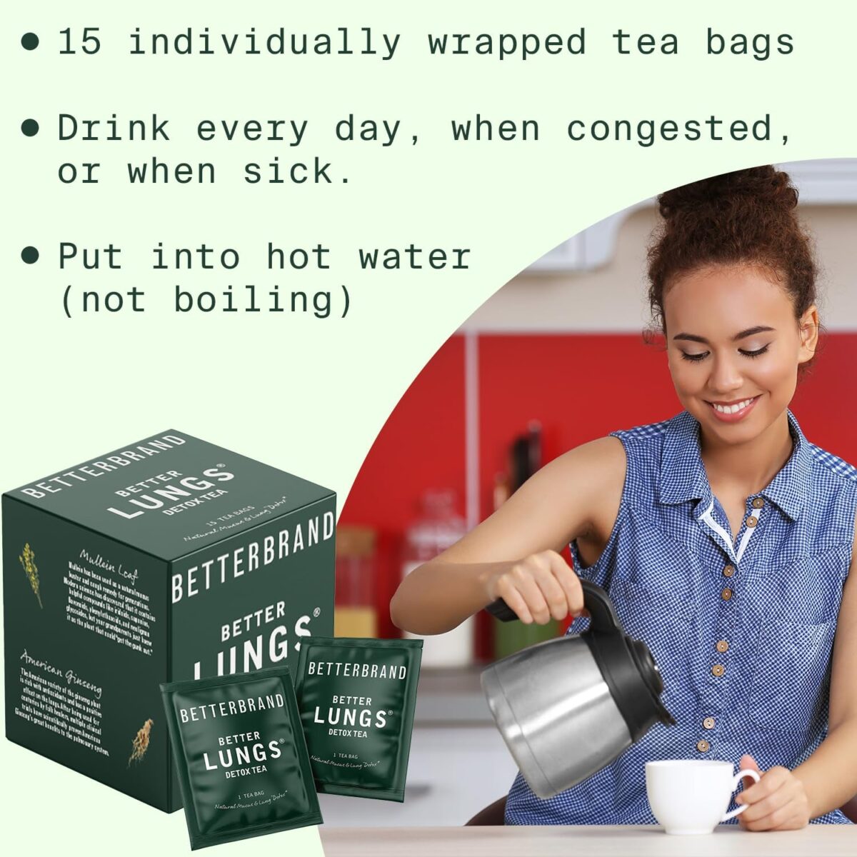 Betterbrand Betterlungs Detox Tea - 15 Herbal Tea Bags - Mullein Leaf, Ginseng, Elderberry, Ginger & Thyme for Lung Cleanse, Congestion Relief, Mucus Detox - Caffeine Free