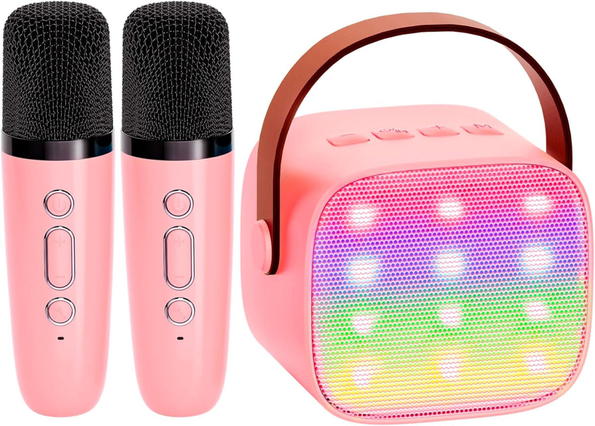 YLL Mini Karaoke Machine for Kids Adults, Portable Bluetooth Speaker with 2 Wireless Microphones, Christmas Birthday Gifts Toys for Girls Ages 4, 5, 6,7, 8,9,10,11,12+ Years Old Toddler (Lightpink)