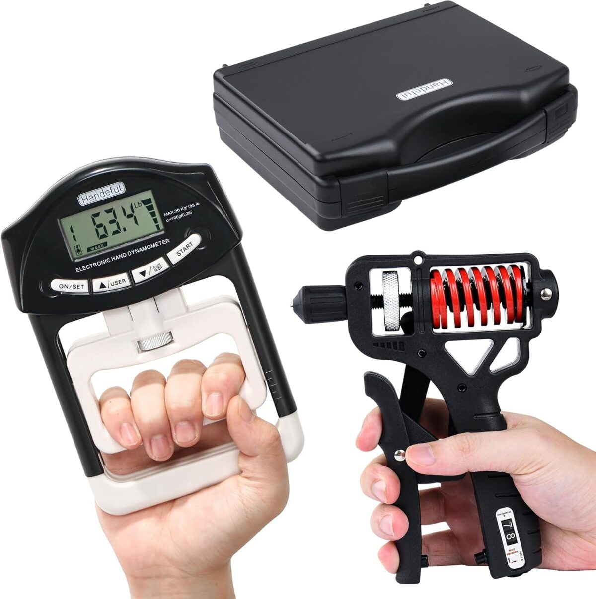 Handeful Grip Strength Tester Trainer - Dynamometer Handgrip Measurer Meter, Handheld Strengthener Exerciser for Sports, School, and Home Use (198Lbs / 90Kgs)