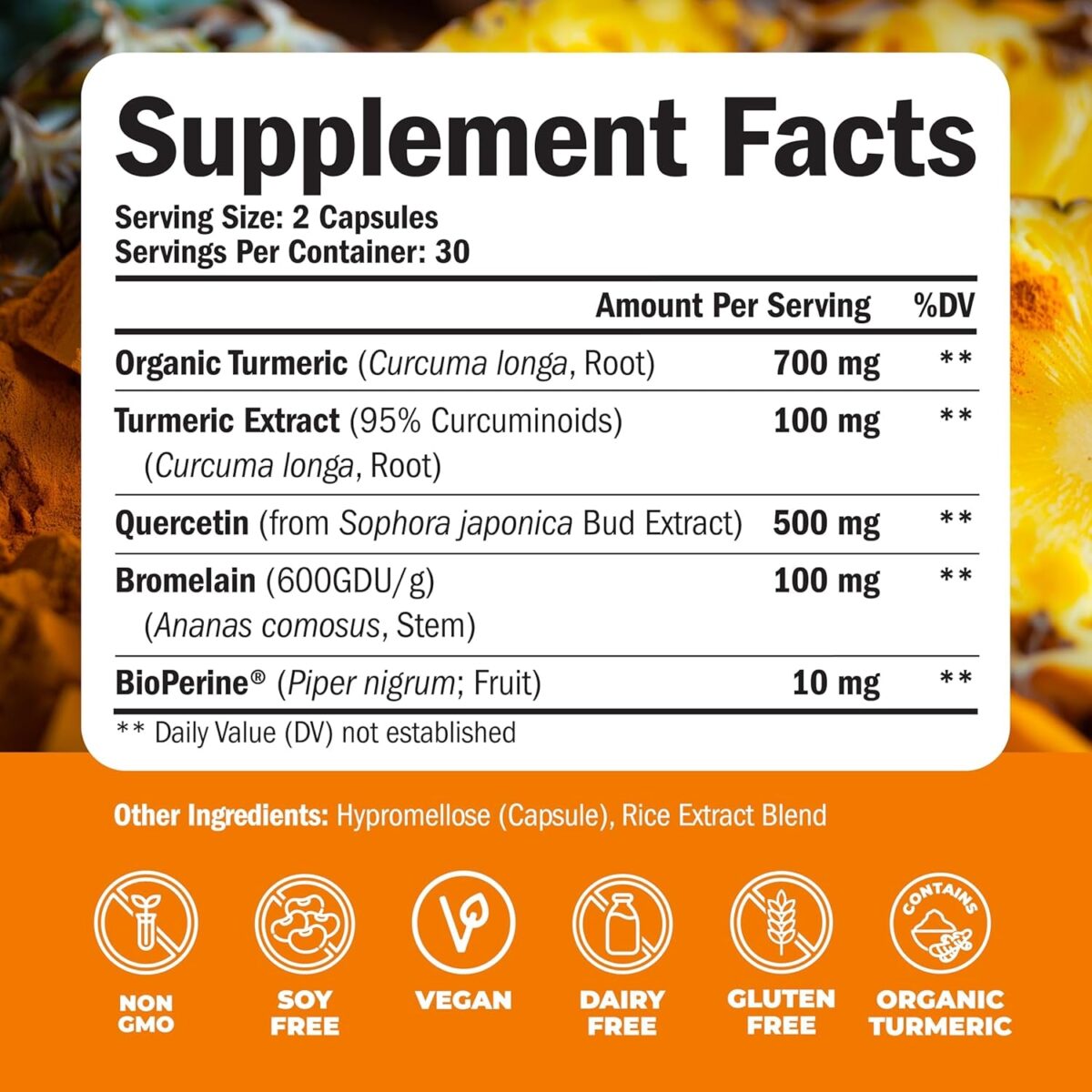 Quercetin with Bromelain Turmeric Supplement - Quercetin 500Mg Capsules with Curcumin & Bromelain Powder for Allergy & Joint Support. Turmeric Curcumin Bromelain Supplement. 60 Vegan Tumeric Capsules