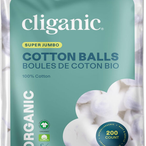 Cliganic Organic Super Jumbo Cotton Balls (200 Count) - Hypoallergenic, Absorbent, Large Size, 100% Pure (Packaging May Vary)