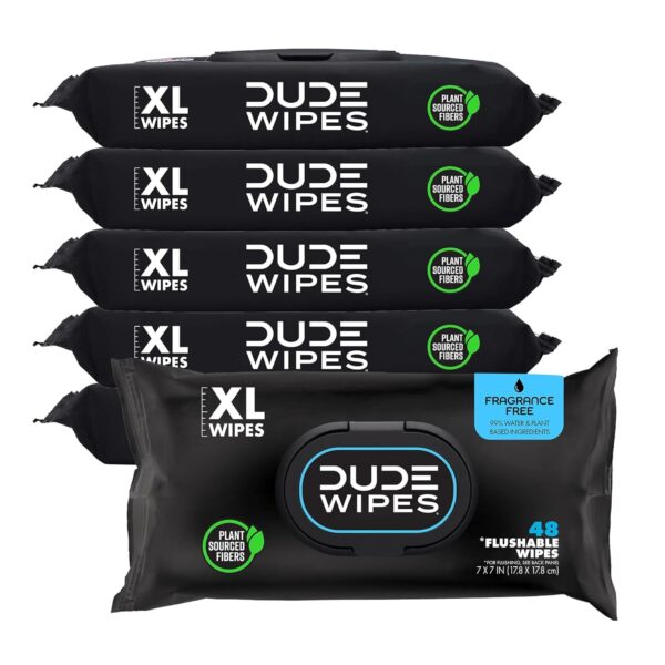 DUDE Wipes - Flushable Wipes - 6 Pack, 288 Wipes - Unscented Extra-Large Adult Wet Wipes - Vitamin-E & Aloe - Septic and Sewer Safe