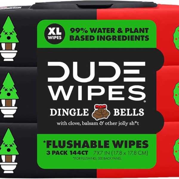 DUDE Wipes - Flushable Wipes for Adults - 3 Pack, 144 Wipes - Dingle Bells Extra Large Wet Wipes with Crisp Pine, Balsam, and Other Jolly Scents