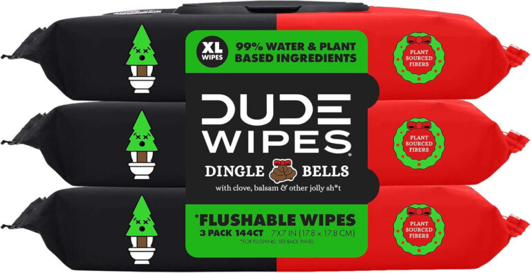 DUDE Wipes - Flushable Wipes for Adults - 3 Pack, 144 Wipes - Dingle Bells Extra Large Wet Wipes with Crisp Pine, Balsam, and Other Jolly Scents