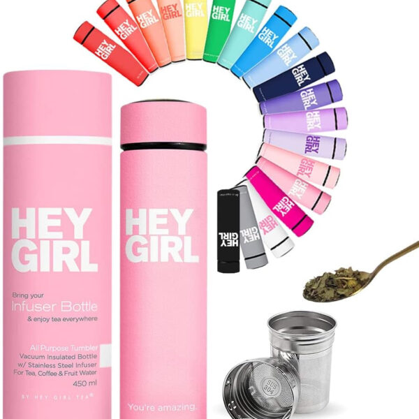 Hey Girl Tea Infuser Bottle 450Ml - Insulated Stainless Steel Water Bottle - Thermos Tea Tumbler with Tea Diffuser - Portable Travel Mug for Loose Leaf Tea & Infused Water - Tea Lovers Gifts for Women