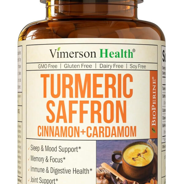 Turmeric Saffron Supplements with Cinnamon Powder & Cardamom - Antioxidant Joint Support Supplement Contains Turmeric Curcumin with Black Pepper for Mood, Memory, Eye Health & Well-Being - 60 Capsules