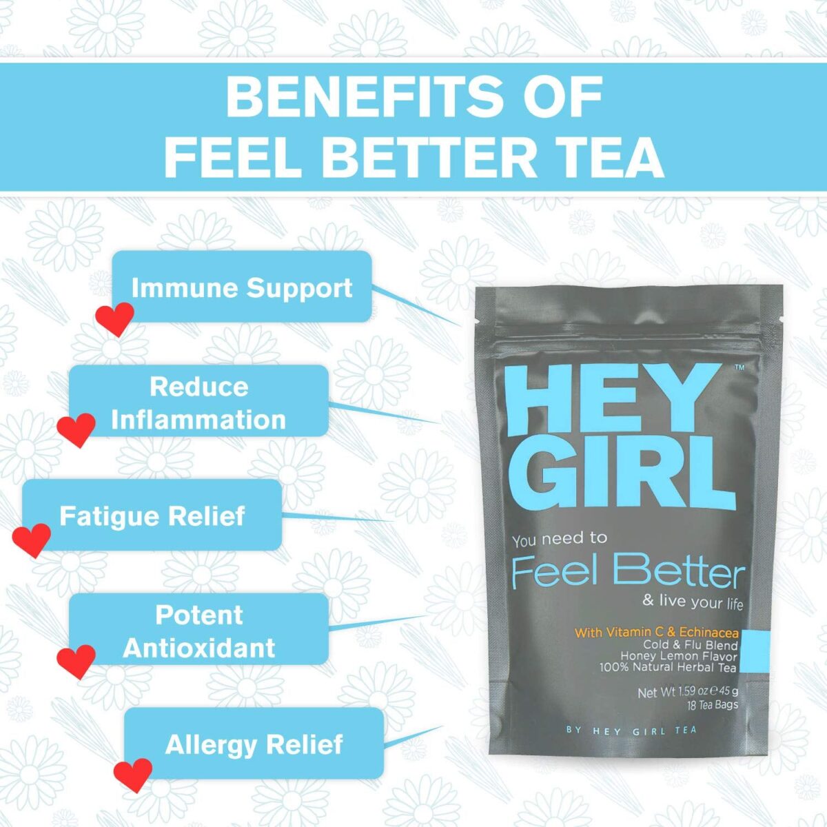 Hey Girl Tea + Tea Bottle Bundle - Feel Better Herbal Tea - Immune Support, Immune Booster plus Glass Infuser Bottle with Tea Diffuser - Insulated Travel Thermos Tumbler for Loose Leaf Tea, Tea Bags