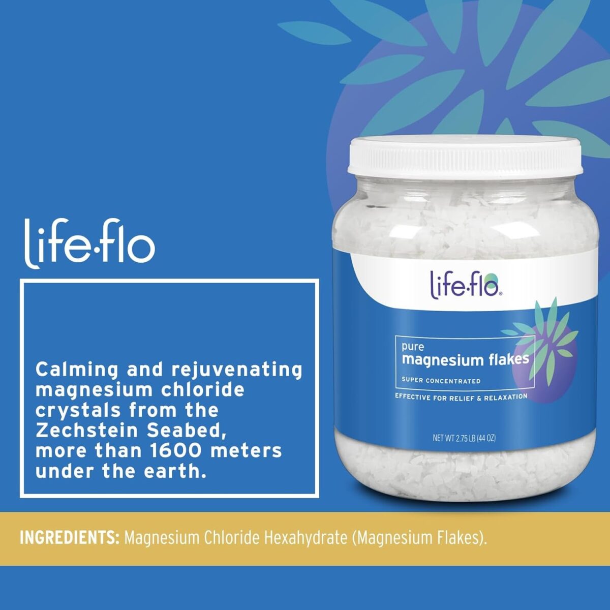 Life-Flo Pure Magnesium Bath Flakes - Epsom Salt Bath Soak Alternative - Unscented Magnesium Flakes from the Zechstein Seabed - Relaxing Foot Bath W/Ancient Trace Minerals - 60-Day Guarantee, 1.65Lbs