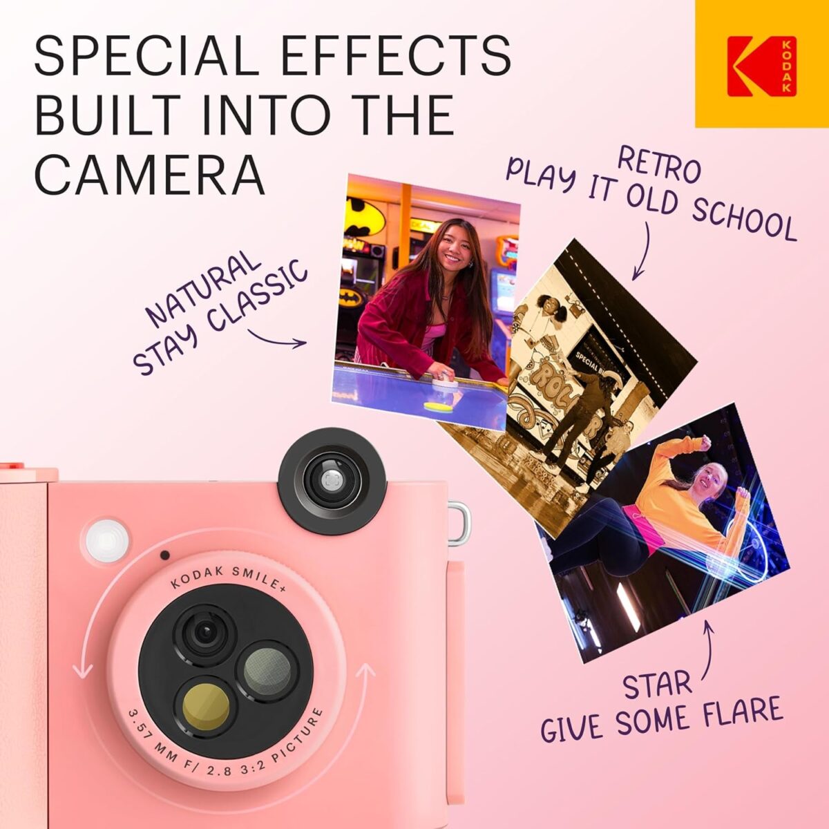 KODAK Smile+ 2-In-1 Digital Instant Print Camera & Wireless Bluetooth Photo Printer - 10MP, Special-Effect Rotating Lens, Zink 2X3” Sticky-Back Photos, Print via Fun App from Smart Devices - Pink