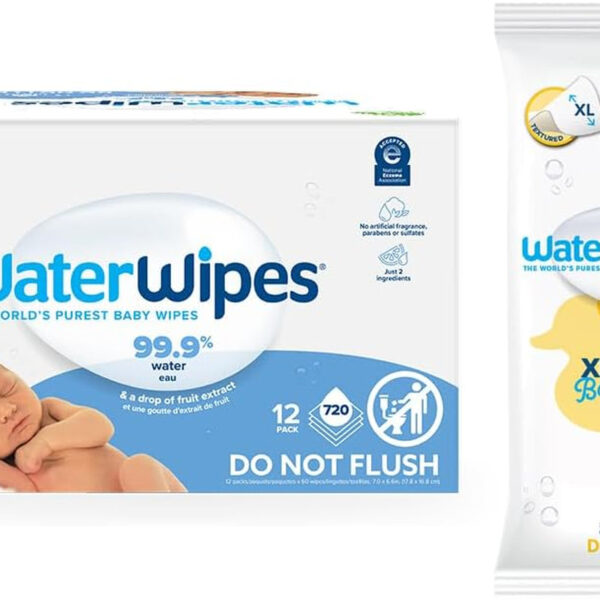 Waterwipes Bundle, Original 720 Count (12 Packs) & XL Bathing Wipes 16 Count (1 Pack), Plastic-Free, 99.9% Water Based Wipes, Unscented, Hypoallergenic for Sensitive Skin, Packaging May Vary