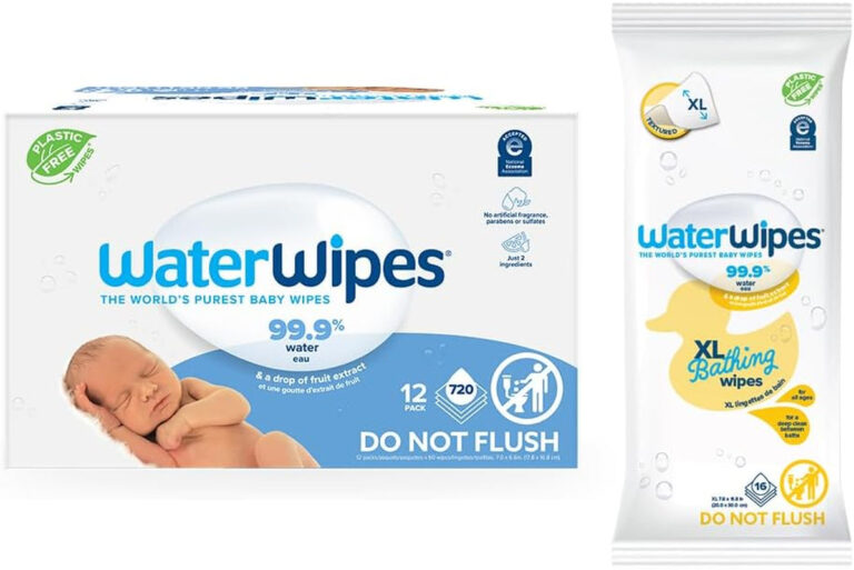 Waterwipes Bundle, Original 720 Count (12 Packs) & XL Bathing Wipes 16 Count (1 Pack), Plastic-Free, 99.9% Water Based Wipes, Unscented, Hypoallergenic for Sensitive Skin, Packaging May Vary