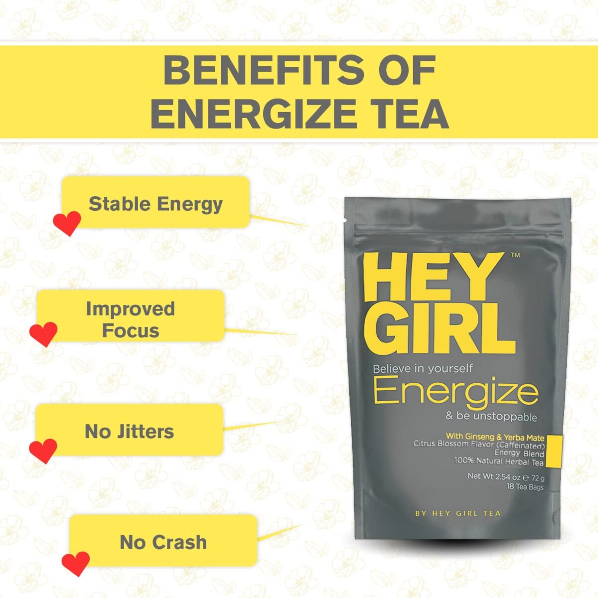 Hey Girl Energize Tea - Herbal Energy Tea Blend with Yerba Mate, Oolong, Ginger, & Green Tea - Morning Boost Coffee Alternative - Caffeinated Tea Bags for Energy and Focus for Women