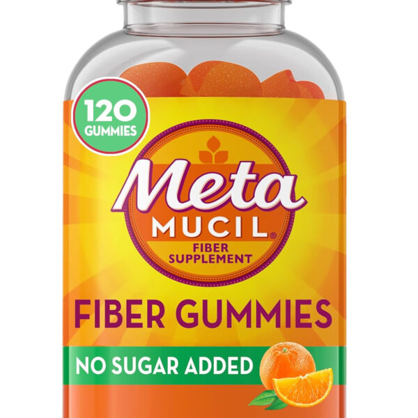 Metamucil Fiber Gummies for Adults, No Sugar Added Orange Flavor, 5G Prebiotic Plant Based Fiber Supplement Blend, 120 Count