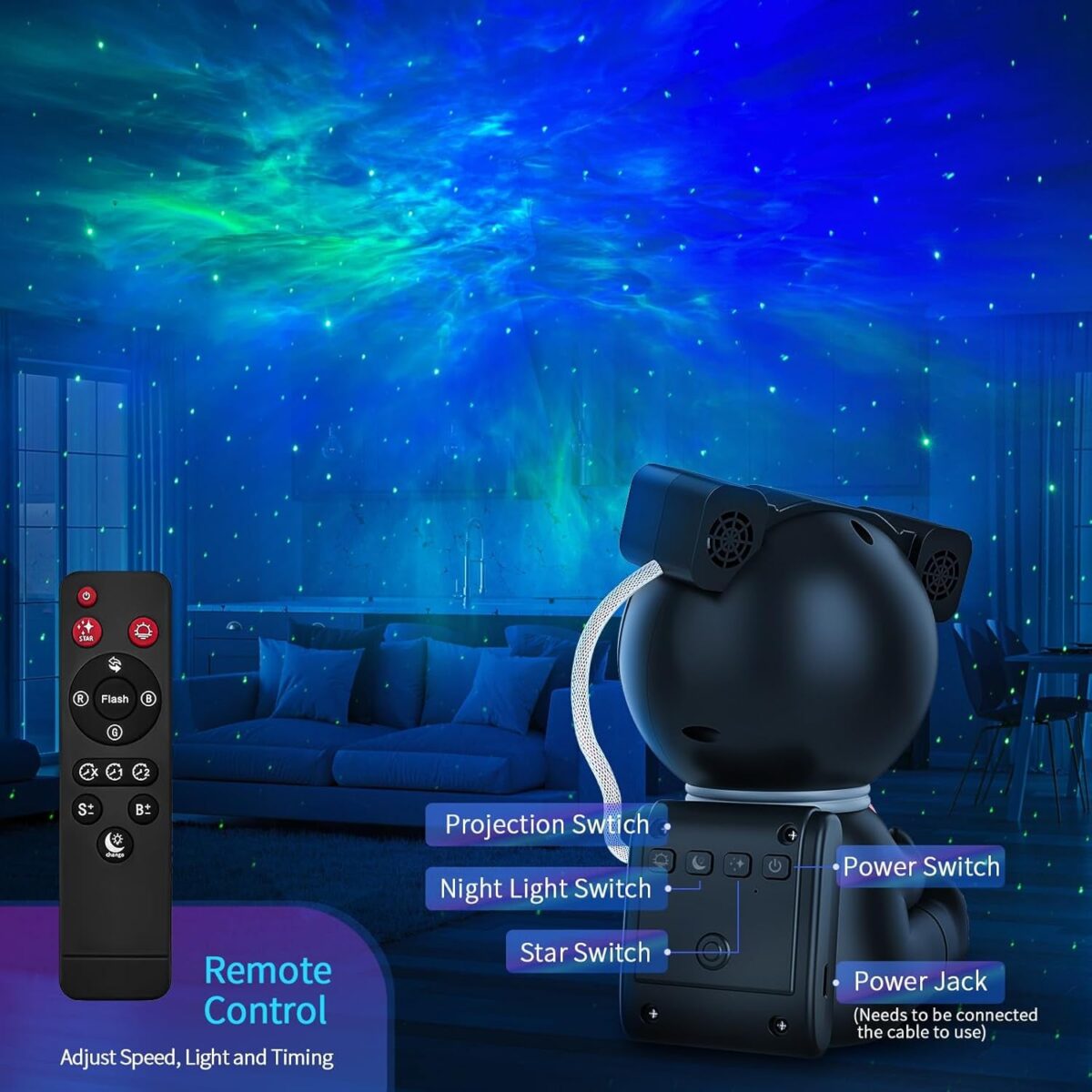 Astronaut Galaxy Projector, Star Projector with Timer and Remote, Galaxy Projector with Moon Lamp, LED Nebula Night Light for Kids, Adults, Room Decor, Gift (Black)