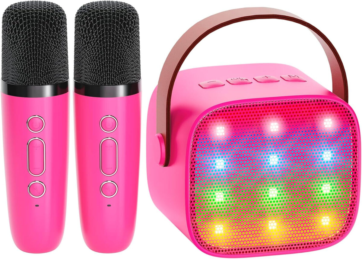 YLL Mini Karaoke Machine for Kids Adults, Portable Bluetooth Speaker with 2 Wireless Microphones, Christmas Birthday Gifts Toys for Girls Ages 4, 5, 6,7, 8,9,10,11,12+ Years Old Toddler (Lightpink)