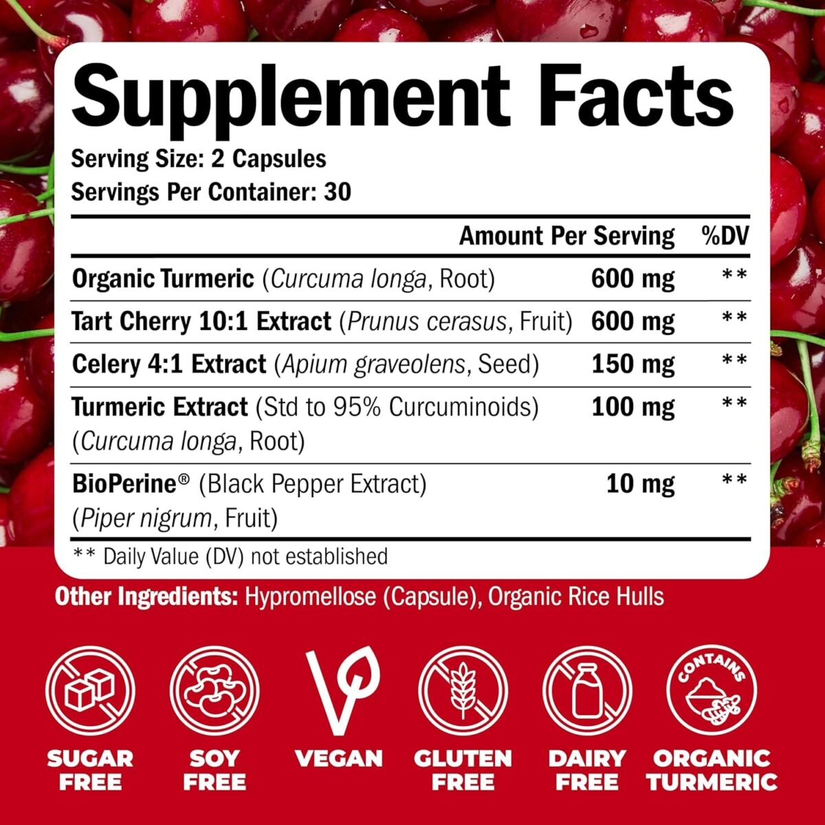 Turmeric Curcumin & Tart Cherry Extract Capsules with Black Pepper & Organic Tumeric. Tart Cherry Capsules Aid Uric Acid Balance, Joint Health, Muscle Health & Sleep. 600Mg 10:1 Tart Cherry Extract