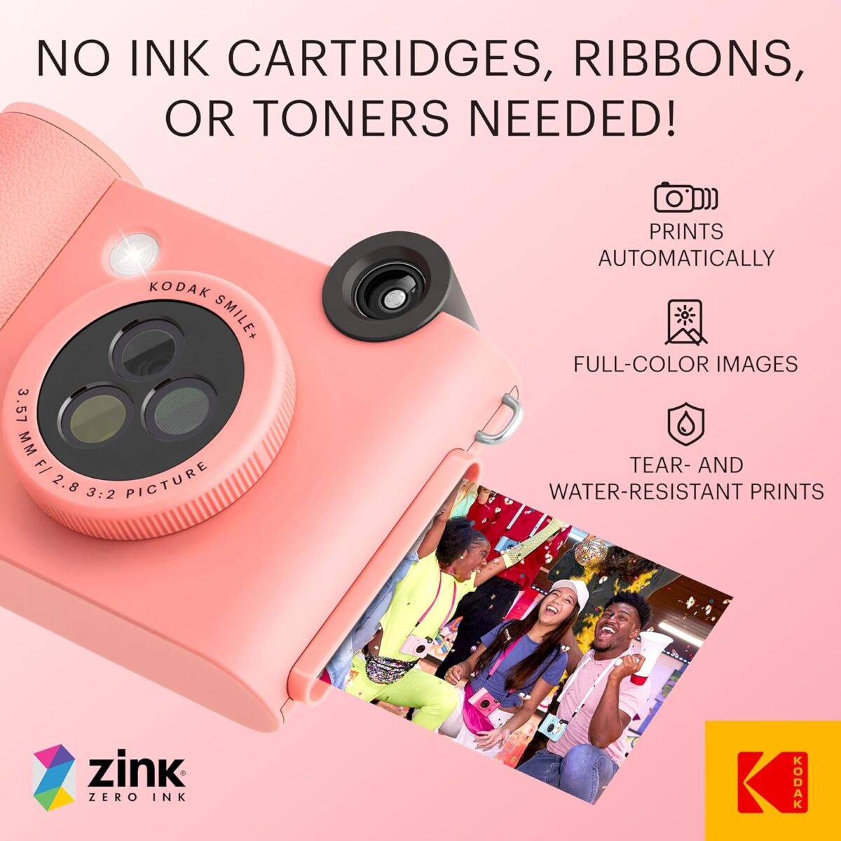 KODAK Smile+ 2-In-1 Digital Instant Print Camera & Wireless Bluetooth Photo Printer - 10MP, Special-Effect Rotating Lens, Zink 2X3” Sticky-Back Photos, Print via Fun App from Smart Devices - Pink