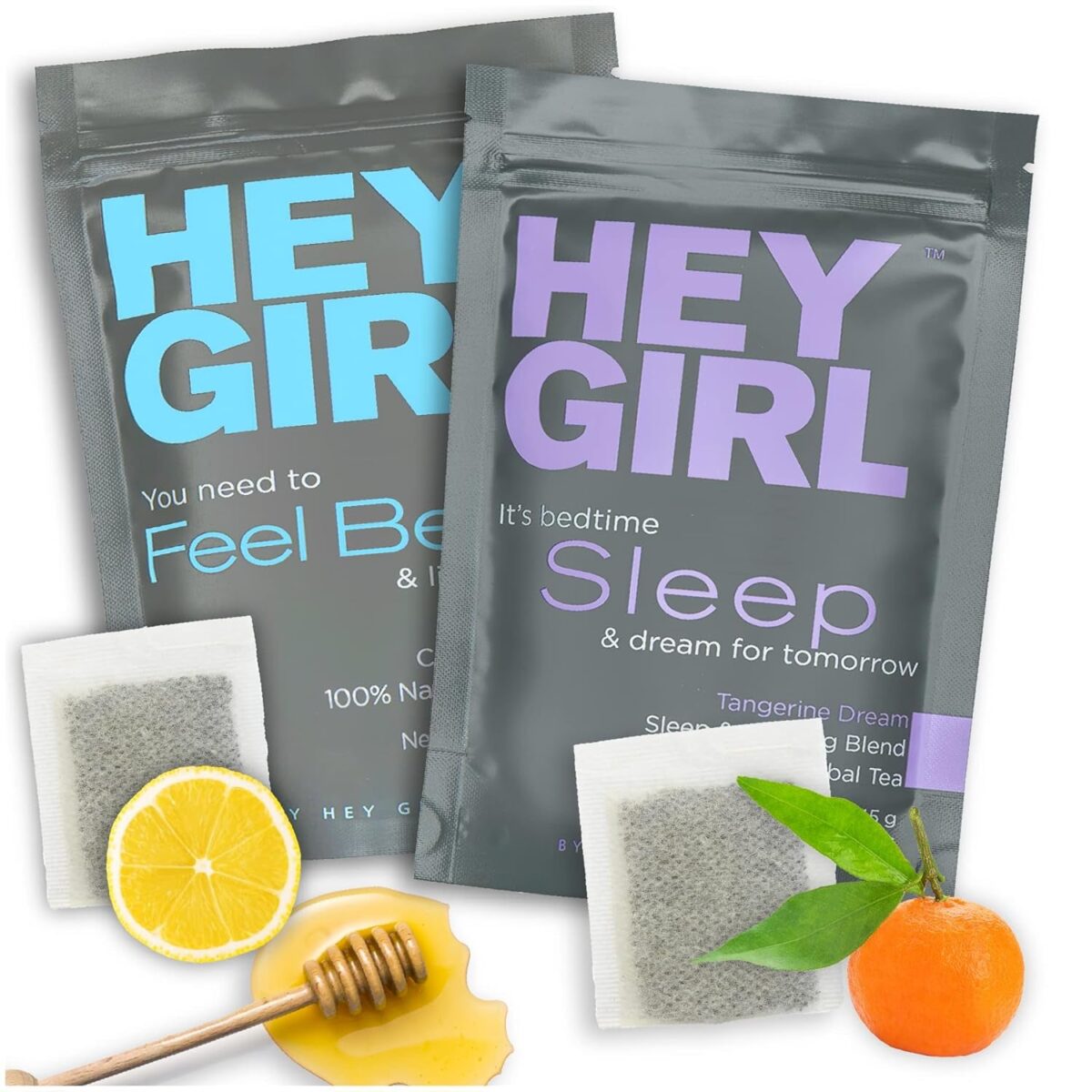 Hey Girl Sleep + Feel Better Tea Bundle - Sleep Tea W/Chamomile, Valerian Root & Lemon Balm in Tea Bags + Feel Better Herbal Tea with Echinacea, Elderberry, Vitamin C