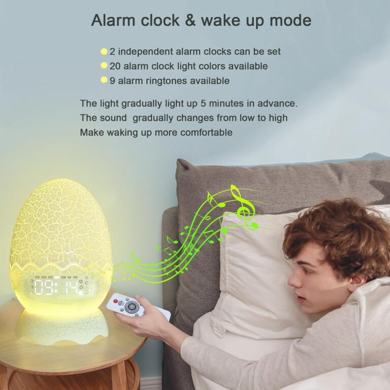 Digital Alarm Clock for Bedrooms, Small Digital Clock Bearded Dragon Egg Night Light with Baby White Noise Machine for Sleeping, Bluetooth Speaker, 16 Colors, as Gifts for Kids/Adult