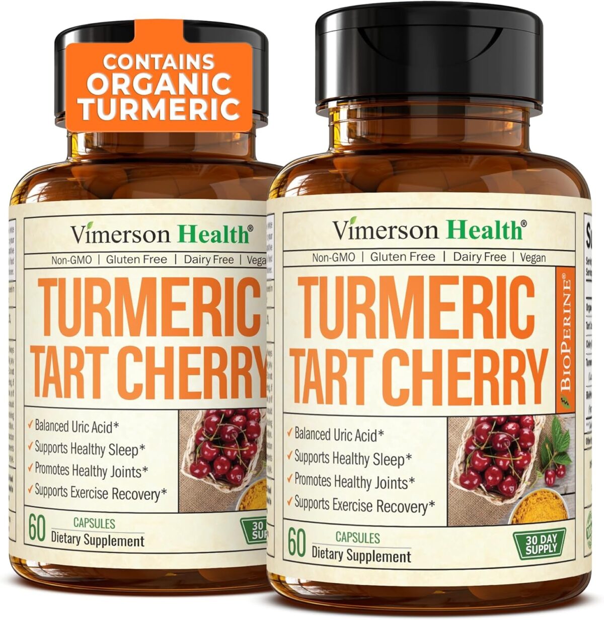 Turmeric Curcumin & Tart Cherry Extract Capsules with Black Pepper & Organic Tumeric. Tart Cherry Capsules Aid Uric Acid Balance, Joint Health, Muscle Health & Sleep. 600Mg 10:1 Tart Cherry Extract