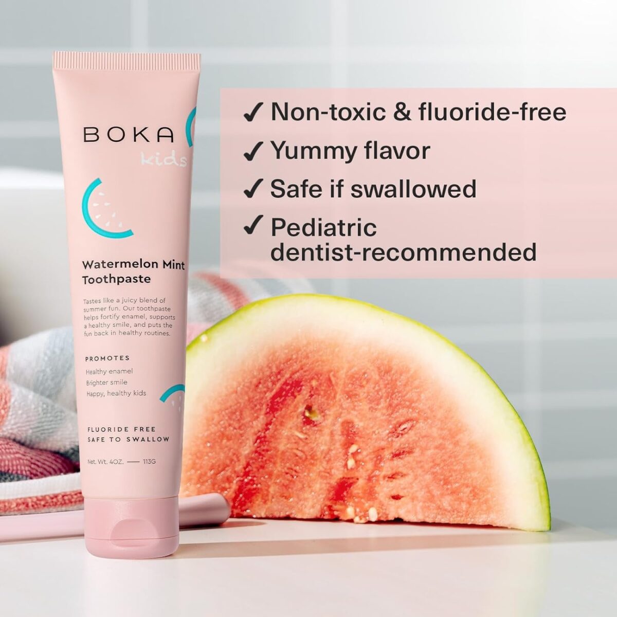 Boka Fluoride Free Toothpaste- Nano Hydroxyapatite, Remineralizing, Sensitive Teeth, Whitening- Dentist Recommended for Adult, Kids Oral Care- Watermelon Mint Flavor, 4Oz 1Pk - US Manufactured