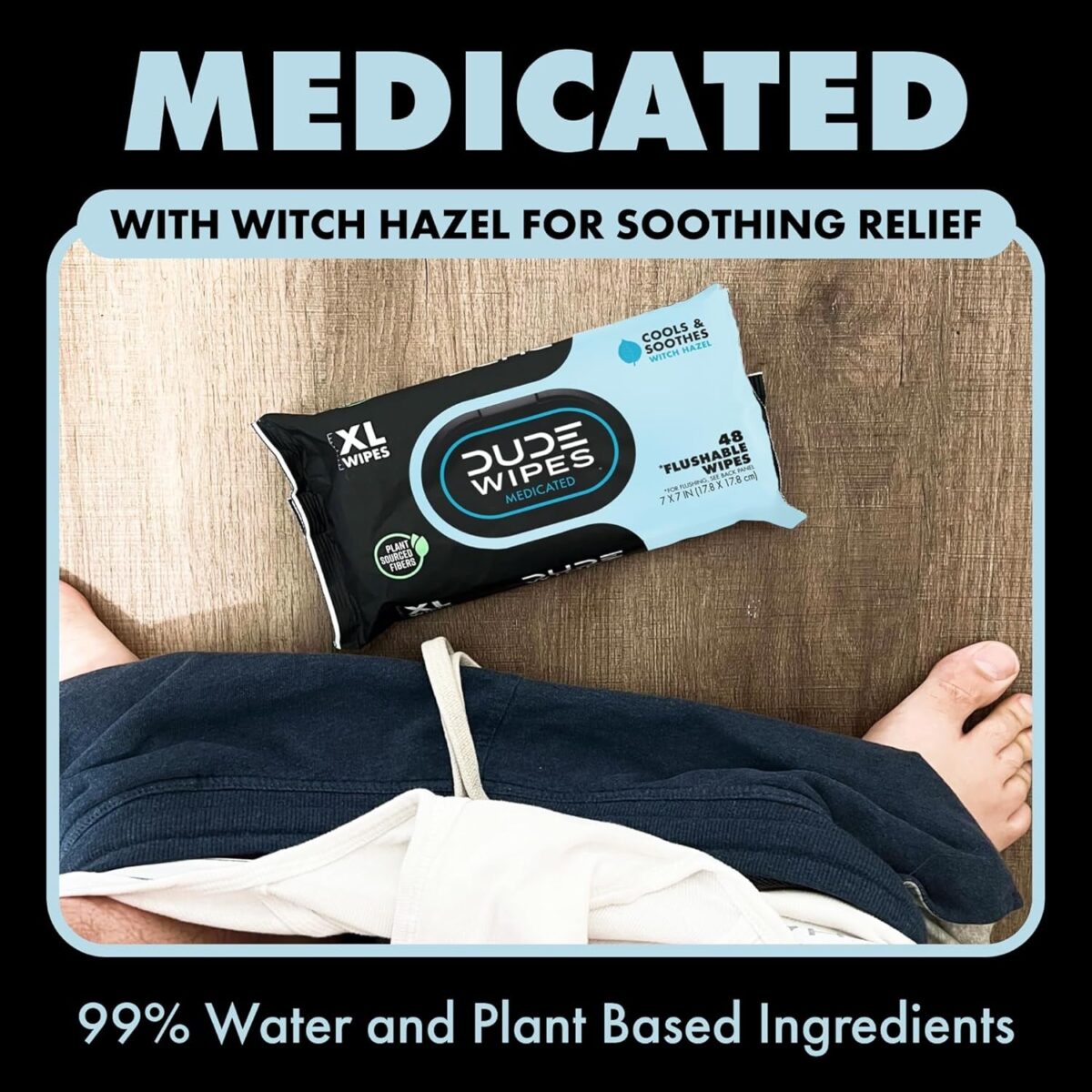 DUDE Wipes - Medicated Flushable Wipes - 3 Pack, 144 Wipes - Unscented Extra-Large Adult Wet Wipes - Medicated Witch Hazel - Septic and Sewer Safe