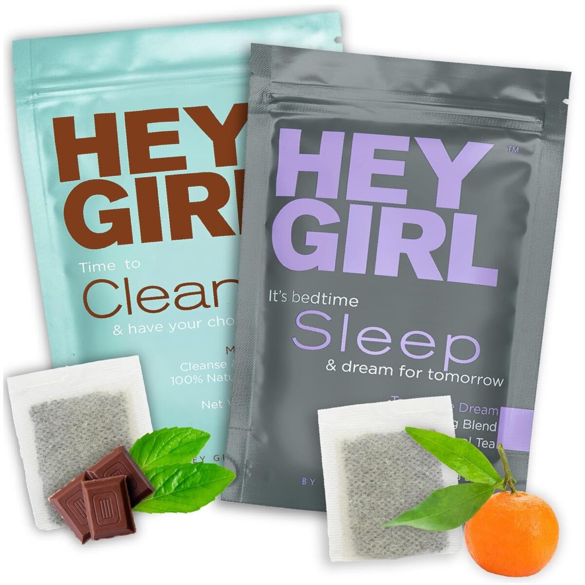 Hey Girl Tea Bundle - Herbal Sleep Tea W/Chamomile, Valerian Root & Lemon Balm in Tea Bags plus Cleanse Tea - Mint Chocolate Flavored Cleanse for Women - Reduces Bloating