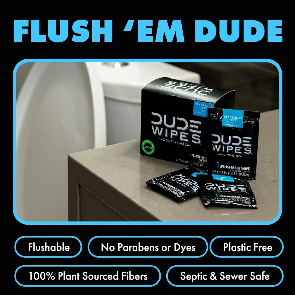 DUDE Wipes - On-The-Go Flushable Wipes - 2 Pack, 60 Wipes - Unscented Extra-Large Individually Wrapped Adult Wet Wipes - Vitamin E & Aloe - Septic and Sewer Safe