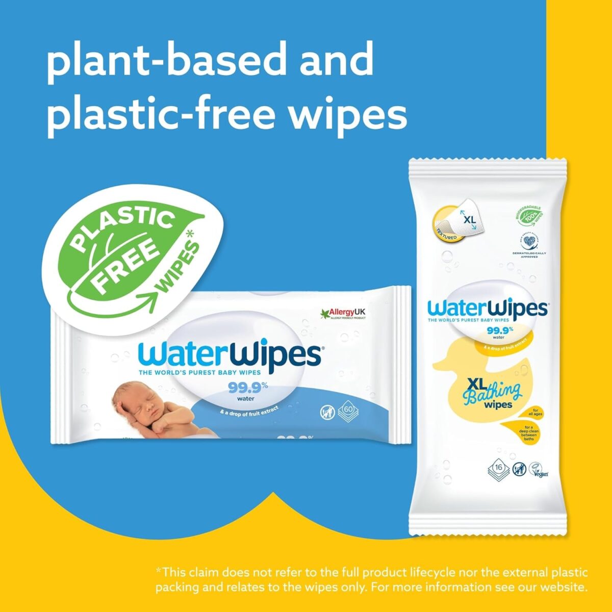 Waterwipes Bundle, Original 720 Count (12 Packs) & XL Bathing Wipes 16 Count (1 Pack), Plastic-Free, 99.9% Water Based Wipes, Unscented, Hypoallergenic for Sensitive Skin, Packaging May Vary