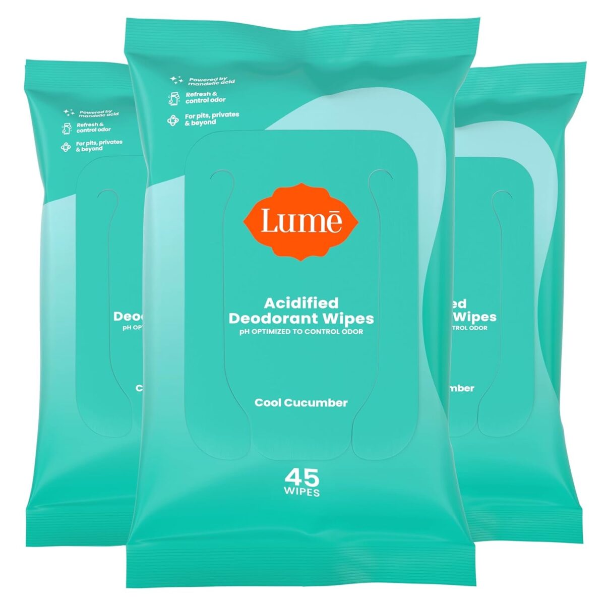 Lume Acidified Deodorant Wipes - 24 Hour Odor Control - Aluminum Free, Baking Soda Free, Skin Loving - 15 Count (Pack of 3) (Cool Cucumber)