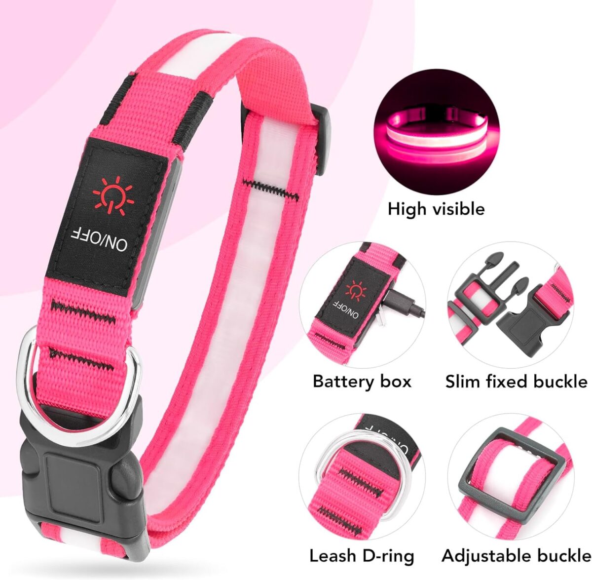 Vizpet LED Dog Collar, Light up Dog Collar Adjustable USB Rechargeable Super Bright Safety Light Glowing Collars for Dogs (Medium, Pink)