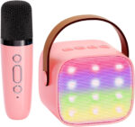 YLL Mini Karaoke Machine for Kids Adults, Portable Bluetooth Speaker with 2 Wireless Microphones, Christmas Birthday Gifts Toys for Girls Ages 4, 5, 6,7, 8,9,10,11,12+ Years Old Toddler (Lightpink)