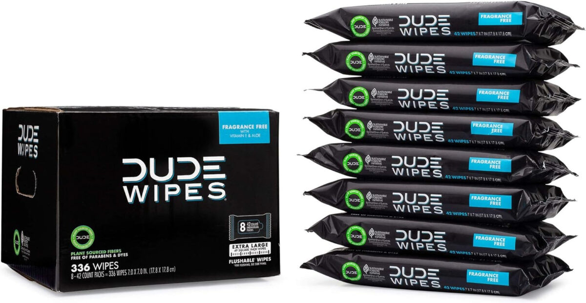 DUDE Wipes - Flushable Wipes - 8 Pack, 336 Wipes - Unscented Extra-Large Adult Wet Wipes - Vitamin-E & Aloe - Septic and Sewer Safe