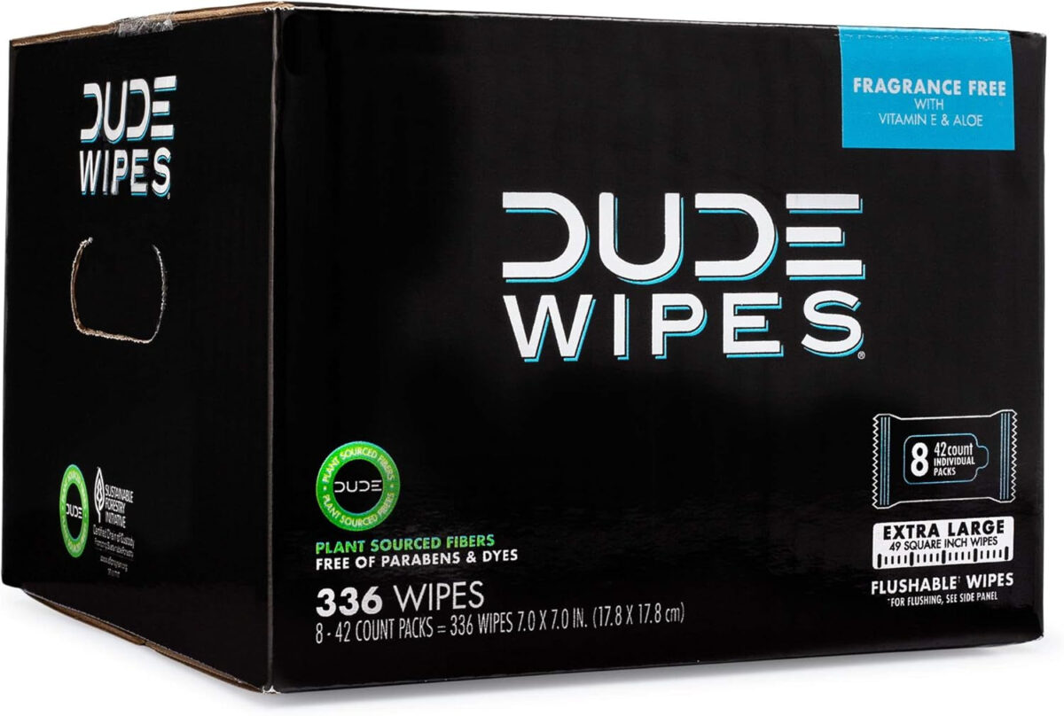 DUDE Wipes - Flushable Wipes - 8 Pack, 336 Wipes - Unscented Extra-Large Adult Wet Wipes - Vitamin-E & Aloe - Septic and Sewer Safe