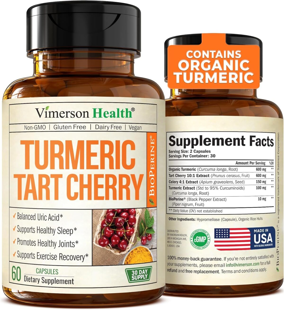 Turmeric Curcumin & Tart Cherry Extract Capsules with Black Pepper & Organic Tumeric. Tart Cherry Capsules Aid Uric Acid Balance, Joint Health, Muscle Health & Sleep. 600Mg 10:1 Tart Cherry Extract