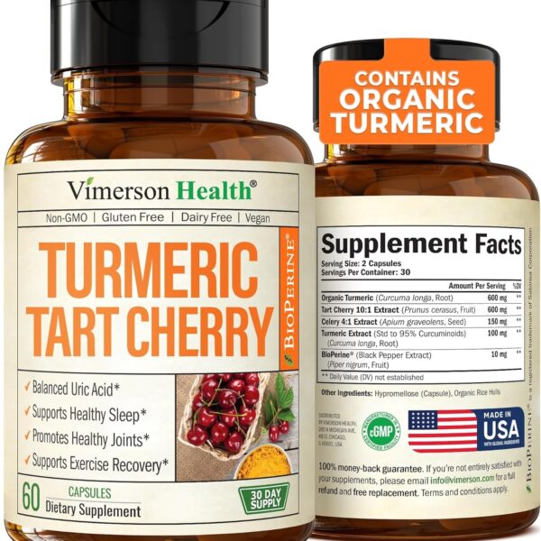 Turmeric Curcumin & Tart Cherry Extract Capsules with Black Pepper & Organic Tumeric. Tart Cherry Capsules Aid Uric Acid Balance, Joint Health, Muscle Health & Sleep. 600Mg 10:1 Tart Cherry Extract