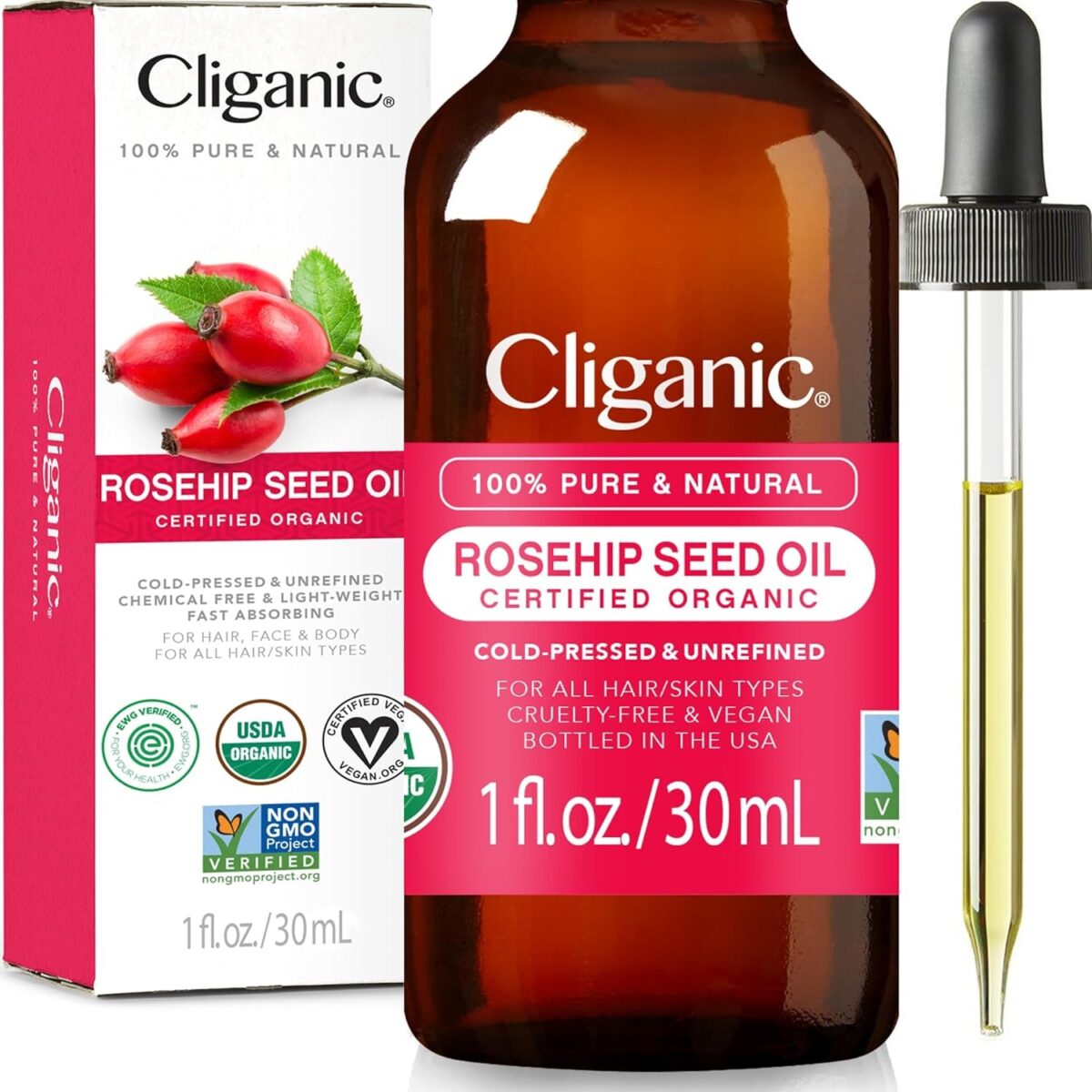 Cliganic Organic Rosehip Seed Oil for Face, 100% Pure | Natural Cold Pressed Unrefined Non-Gmo | Carrier Oil for Skin, Hair & Nails