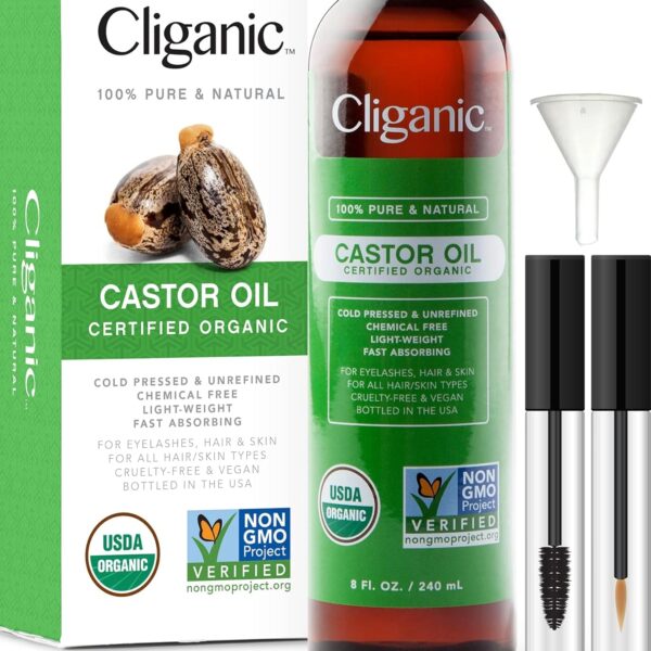 Cliganic USDA Organic Castor Oil, 100% Pure (8Oz with Eyelash Kit) - for Eyelashes, Eyebrows, Hair & Skin | Natural Cold Pressed Unrefined Hexane-Free