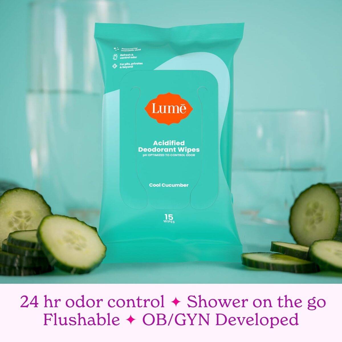 Lume Acidified Deodorant Wipes - 24 Hour Odor Control - Aluminum Free, Baking Soda Free, Skin Loving - 15 Count (Pack of 3) (Cool Cucumber)