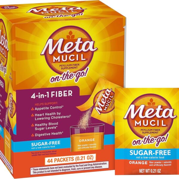 Metamucil On-The-Go, Daily Psyllium Husk Powder Supplement, Sugar-Free Powder, 4-In-1 Fiber for Digestive Health, Orange Flavored Drink, 44 Packets