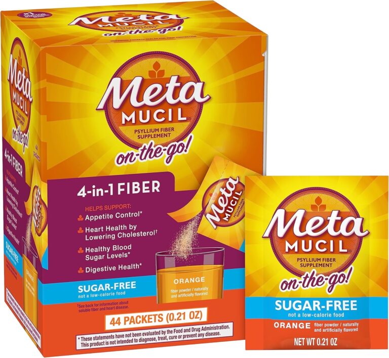 Metamucil On-The-Go, Daily Psyllium Husk Powder Supplement, Sugar-Free Powder, 4-In-1 Fiber for Digestive Health, Orange Flavored Drink, 44 Packets