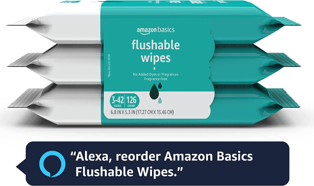 Amazon Basics Flushable Adult Toilet Wipes, Fragrance Free, 126 Count (3 Packs of 42) Packaging May Vary