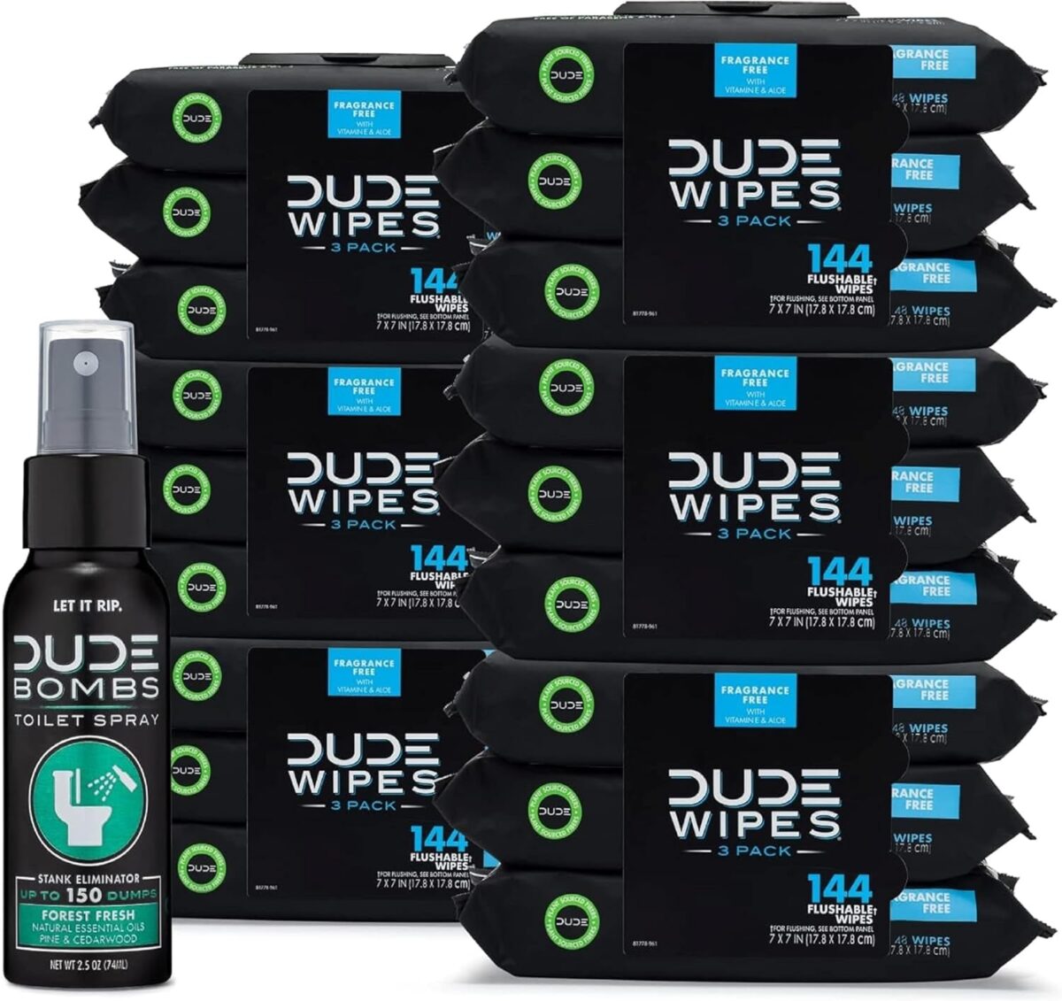 DUDE Wipes - Flushable Wipes with DUDE Bombs Toilet Spray - 18 Pack, 864 Wipes + 1 Spray Bottle - Unscented Extra-Large Adult Wet Wipes with Vitamin-E & Aloe - Forest Fresh Stank Eliminator