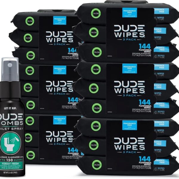 DUDE Wipes - Flushable Wipes with DUDE Bombs Toilet Spray - 18 Pack, 864 Wipes + 1 Spray Bottle - Unscented Extra-Large Adult Wet Wipes with Vitamin-E & Aloe - Forest Fresh Stank Eliminator