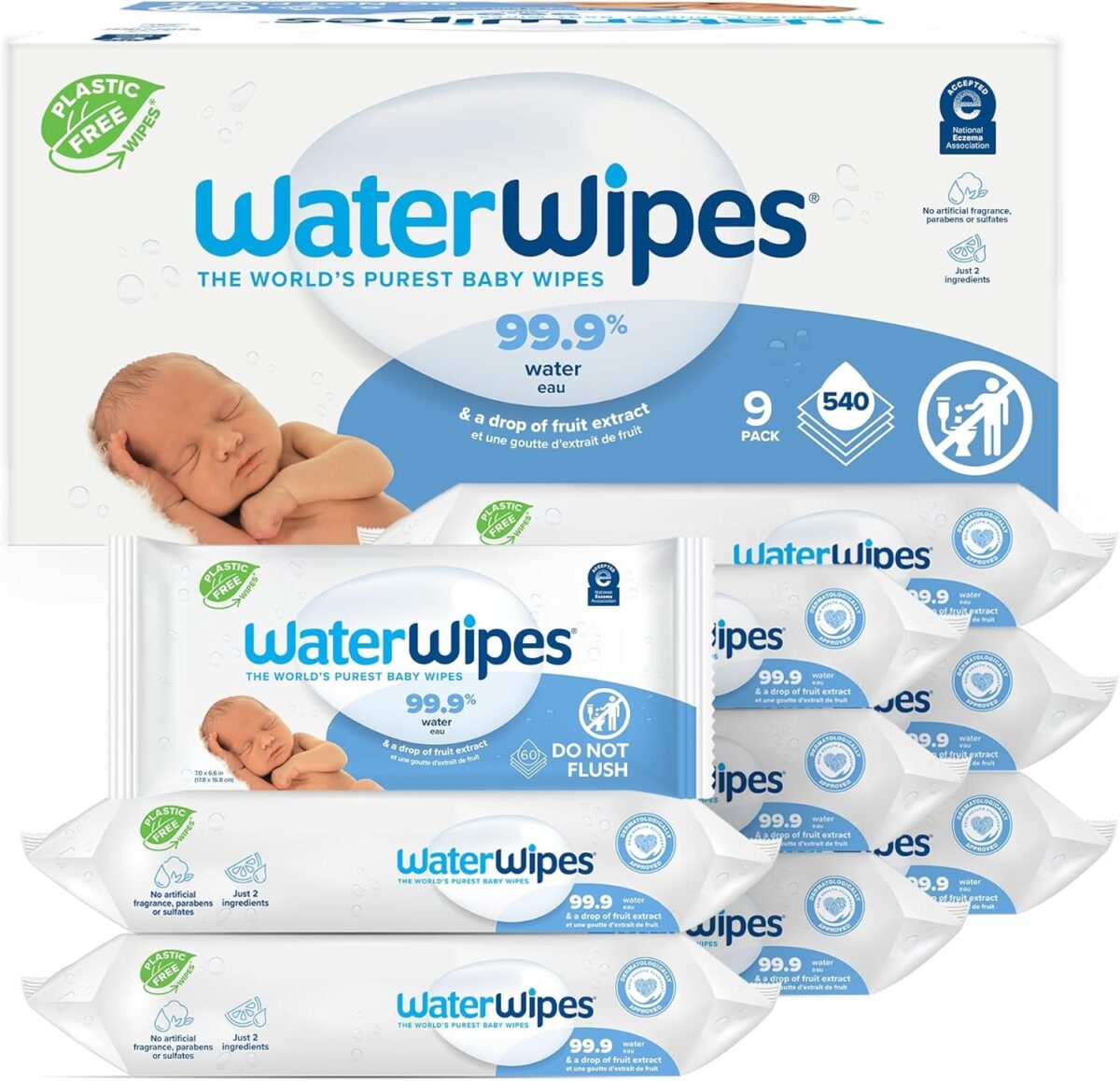 Waterwipes Biodegradable Original Baby Wipes, 99.9% Water Based Wipes, Unscented & Hypoallergenic for Sensitive Skin, 240 Count (4 Packs), Packaging May Vary