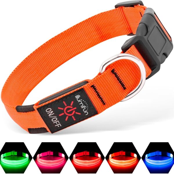 Illumifun Light up Dog Collar, USB Rechargeable LED Dog Collar, Adjustable Flashing Dog Safety Collar Light for Dogs Walking at Night (Orange, Medium)